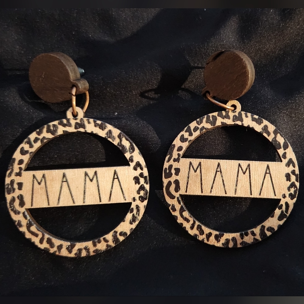 New Mama leopard print wooden earrings